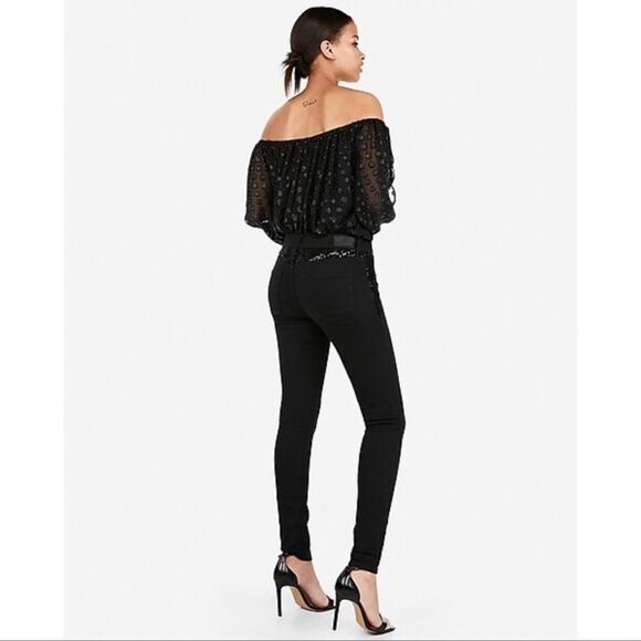 EXPRESS | Black Mid Rise Skinny Jeans Velvet Sequin Accents Women’s Size 16 - Picture 2 of 12